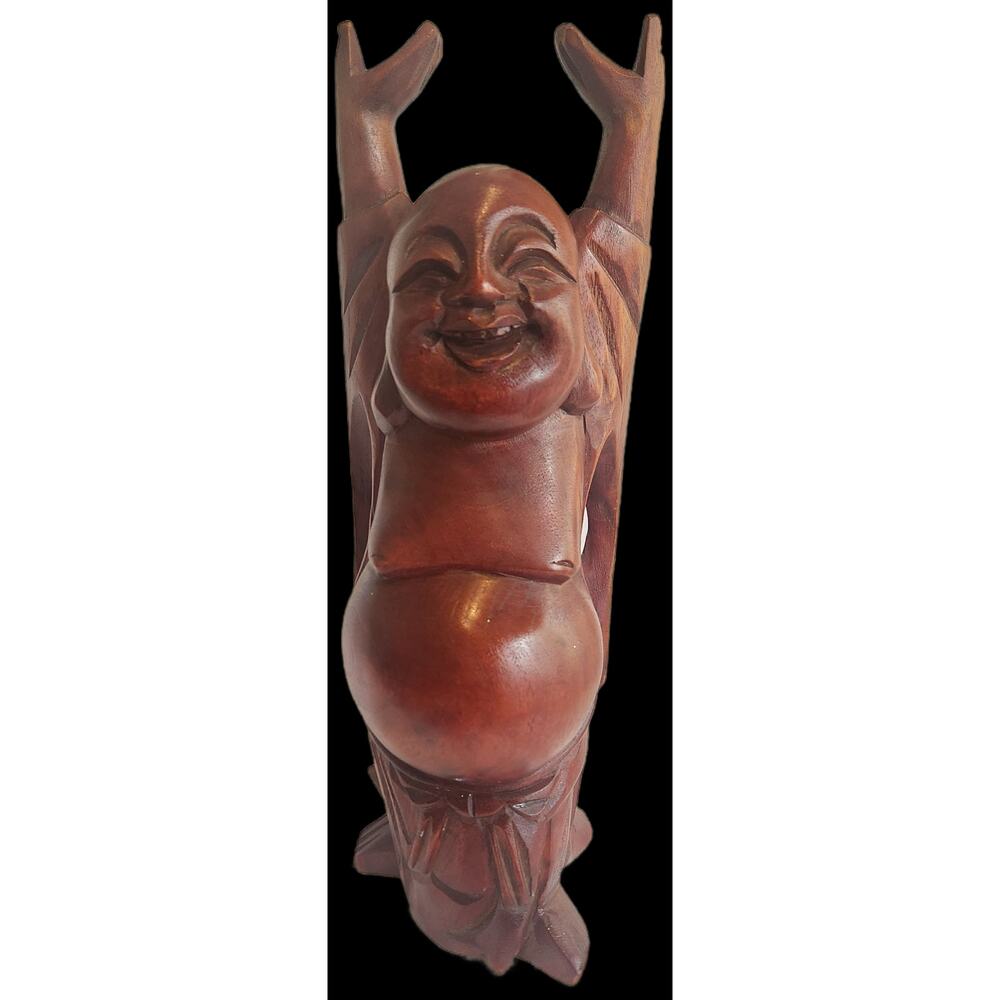 Vintage Hand Carved Wooden Laughing Buddha Hotei Statue Taiwan ROC Label